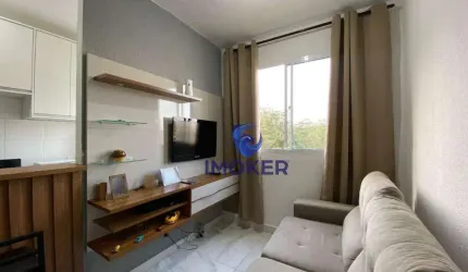 Apartamento com 2 quartos; cozinha e área de serviço planejada, balcão americano; e 1 vaga; em condomínio no bairro Vila Perracine em Poá/SP.