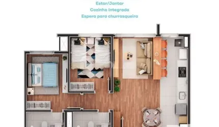 Apartamento de 2 dormitórios, suíte e espera para churrasqueira ou lareira.