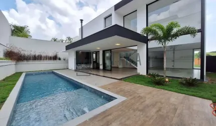 Residência de alto padrão em condomínio fechado em Campinas-SP, Alphaville Dom Pedro: 3 quartos, 3 suítes, 3 salas, 5 banheiros, 4 vagas de garagem, 374,47 m².