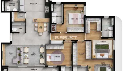 Apartamento com quatro suítes e varanda gourmet.