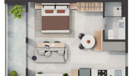 Studio no bairro Martins com quartos, sala e sacada.