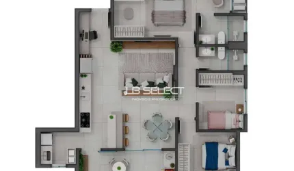 Apartamento com dois quartos, suíte com closet e varanda gourmet com churrasqueira.