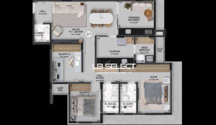 Apartamento com três quartos, uma suite, sala em dois ambientes, varanda gourmet e duas vagas de garagem.