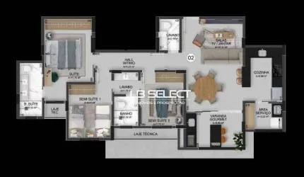 Apartamento com dois quartos, duas suites, sala em dois ambientes e varanda gourmet.