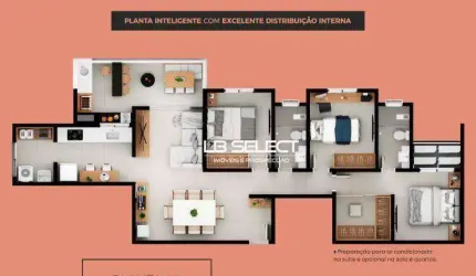 Apartamento com três quartos, duas suites, varanda gourmet com churasqueira.