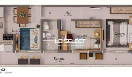 Apartamento no bairro Umuarama com dois quartos, sala com sacada e uma vaga de garagem.