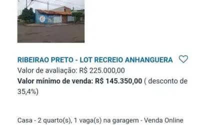 Casa para Venda em Ribeirão Preto, Recreio Anhangüera, 2 dormitórios, 1 banheiro, 1 vaga