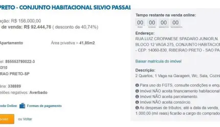 Apartamento para Venda em Ribeirão Preto, Conjunto Habitacional Sílvio Passalacqua, 2 dormitórios, 1 banheiro, 1 vaga