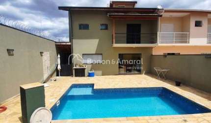 Sobrado à venda em condomínio em Paulínia, Campos do Conde, 3 suites,closet,5 banheiros,lavabo, living 2 ambientes,piscina, edícula, área gourmet com fogão e forno à lenha, lazer no condomínio.