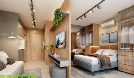 Apartamento de 1 quarto com varanda e lazer.
