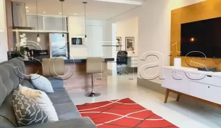 Flat disponível para locação em Alphaville com 55m², 1 dormitório e 1 vaga de garagem.
