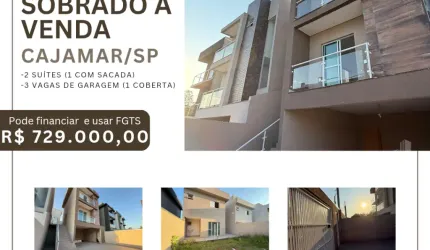 Sobrado para venda, 2 suítes, 3 vagas (1coberta), em Portais III, Cajamar/SP, nunca habitado, por 729 mil, aceita financiamento bancário e FGTS