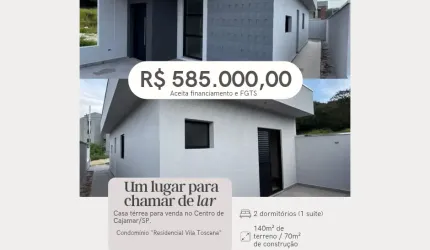 Casa totalmente térrea por 585 mil, 2 dorms, 1 suíte, 2 vagas, pronta para morar, Centro de Cajamar/SP