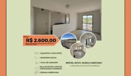 Apartamento para locação,  3 dorms, 1 suíte, sacada, 56m², 1 vaga, andar alto, Portais, Cajamar/SP
