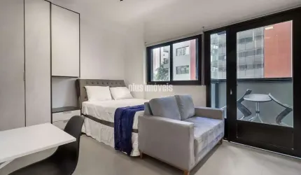 PINHEIROS STUDIO MOBILIADO, COM VARANDA VISTA PARA EXTERIOR