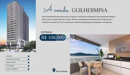 Apartamento com 3 quartos sendo 1 suíte, 2 banheiros, 2 vagas, bairro Guilhermina - Praia Grande