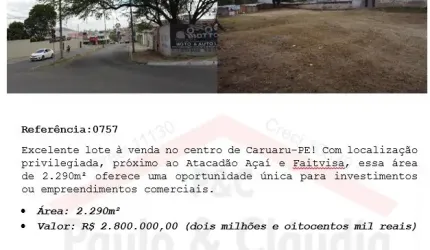 Excelente lote à venda no centro de Caruaru-PE
