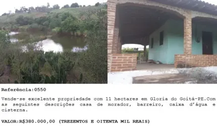 Vende-se excelente propriedade com 11 hectares em Glória do Goitá-PE.