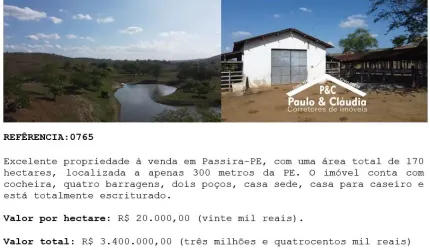 Excelente propriedade à venda em Passira-PE