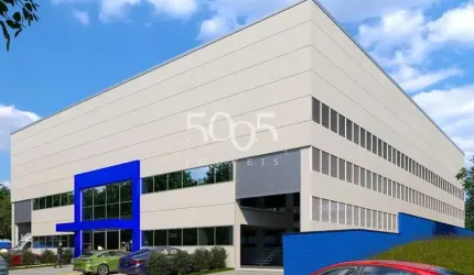 Galpão industrial em construção para locação, entrega em janeiro de 2025, com 1.300m² de área construída e 2.000m² de área total.