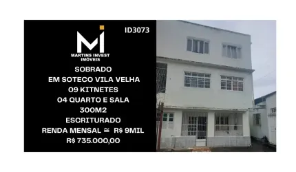 Sobrado com 09 kitnets e 04 Quarto e Sala, Com renda de R$ 9Mil  -vValor: R$ 735Mil