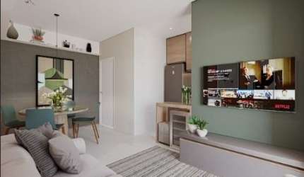 Apartamento na planta de 58m2 com 2 dormitórios, 1 suíte e varanda na planta.