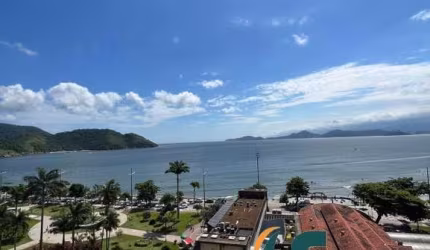 Apartamento mobiliado de 2 dormitórios na Ponta da Praia, Santos. Vista frontal para o mar, 74m², varanda, ar-condicionado, 1 vaga. Próximo ao Aquário