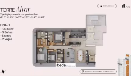 ibeda - Aalto apartamento Tirol Sala gourmet, cozinha, 3 suite, lavabo 3v 133m2