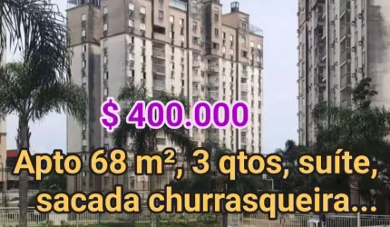 Apto 68 m² 3 qtos suíte sacada com churrasqueira, garagem