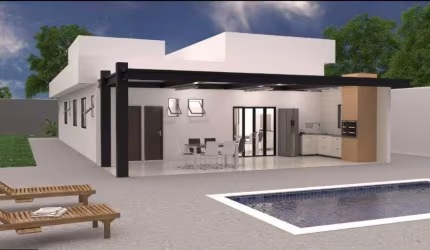 Casa linear, com arquitetura moderna, alto padrão de acabamento, 227m2 de área construída e ampla área externa em lote de 1060m2