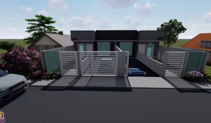 Casas com 3 quartos sendo 1 suíte, garagem térrea para 3 carros , área de terreno nos fundos com 60m² Acabamento em porcelanato, textura projetada