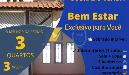 Sobrado à Venda com 100m², 3 dormitórios, 1 suíte, 1 sala e 3 vagas!!!