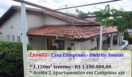 Casa Venda em Campinas SP, Sousas, Terreno 1.020m² R$ 1.100.000,00  Estuda  permuta por dois Apartamentos Campinas