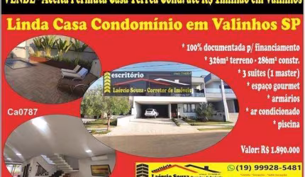 Casa Condomínio Venda em Valinhos SP, 3 suites, armários, piscina - R$ 1.890.000  Ac. Permuta casa térrea até R$ 1milhão