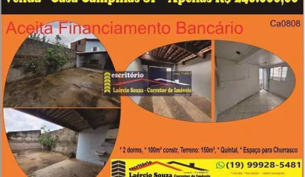 Casa à Venda em Campinas SP, no bairro Cidade Satélite Íris, 150m² ter. e 100m² constr. 2 dorms, 2 vagas R$ 240.000,00