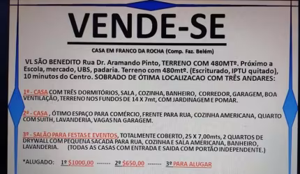 Casa Sobrado 400m2, 6 Dormitórios, 1 Suíte, Cozinha Americana, 2 Vagas de Garagem Cobertas, Varanda, Quintal, Ótima Localização,Terreno 480m2