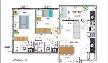 Apartamento com 2 dormitórios à venda, 60 m² por R$ 371.000,00 - Centro - Taubaté/SP