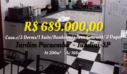 Casa c/3 Dorms/1 Suíte/Banheiro/Área Gourmet/3 vagas. Loc. Jd. Pacaembu-Jundiaí-SP