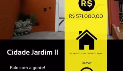 Sobrado de 190 m² c/ 3 dorms /1 suíte/ 5 vagas  Loc. Parque Cidade Jardim II,Jundiaí-SP
