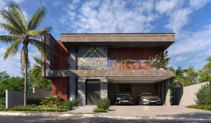 Casa com arquitetura e acabamentos de alto padrão com 4 suítes em condomínio fechado