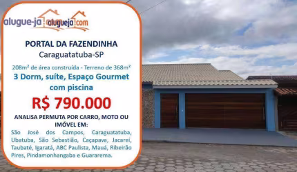 Casa à venda em Caraguatatuba-SP no Portal da Fazendinha com 208m² de área construída num Terreno de 368m².