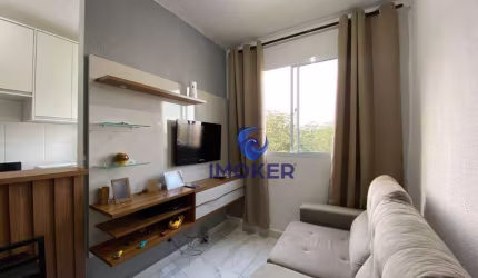 Apartamento com 2 quartos; cozinha e área de serviço planejada, balcão americano; e 1 vaga; em condomínio no bairro Vila Perracine em Poá/SP.