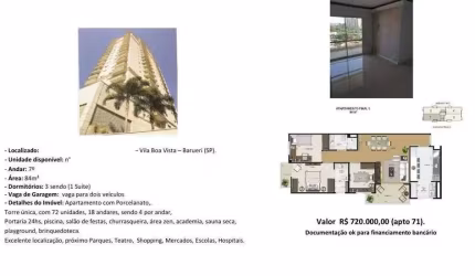 Apartamento a venda com 84m2, 3 quartos e 2 vagas - Vila Boa Vista - Barueri/SP - R$720.000,00