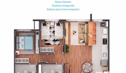 Apartamento de 2 dormitórios, suíte e espera para churrasqueira ou lareira.