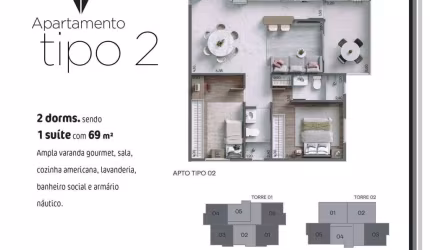 Unidade 1º andar - Apto 2dorm/1Suíte - 69,00m²- Praia das Palmeiras - Caraguatatuba-SP