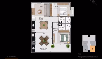 Unidade 1º andar - Apto 2dorm/1Suíte - 76,61m² - Sumaré - Caraguatatuba-SP