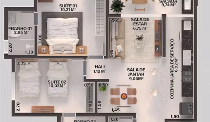 Unidade 7º Andar - Apto 2dorm/2Suítes -73,07m² - Martin de Sá - Caraguatatuba-SP