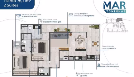 Apto 2dorm/2suítes - 76,71m² - Praia das Toninhas, Ubatuba-SP