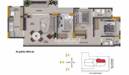 Apartamento no bairro Copacabana com três quartos, sendo uma suíte e varanda.