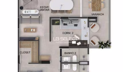 Apartamento com dois quartos, suíte com closet e varanda.